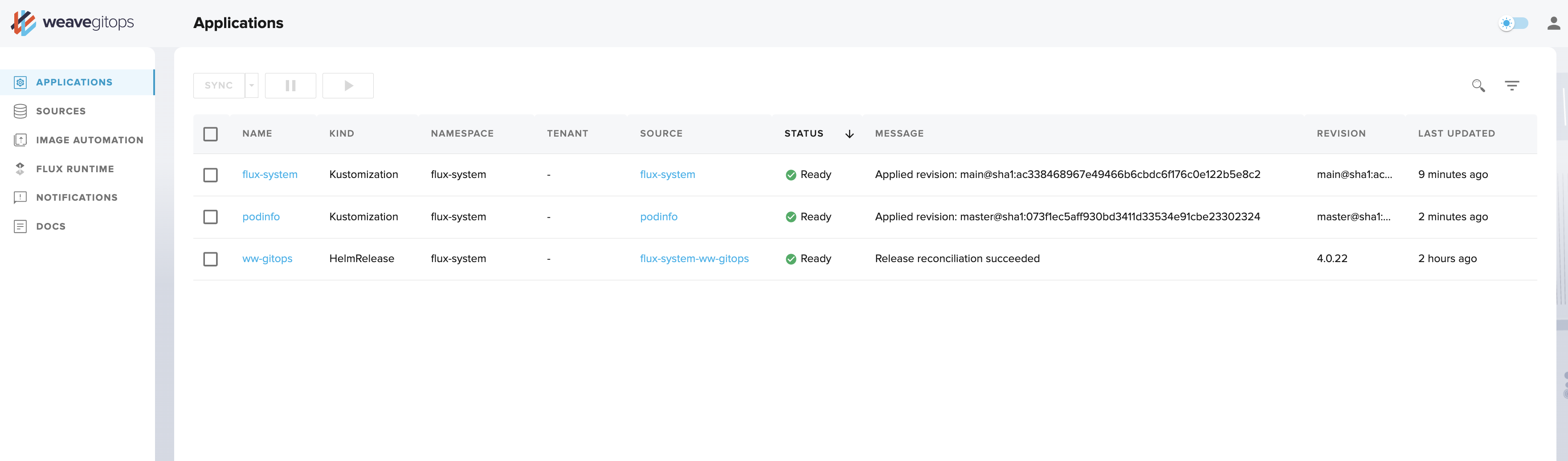 Applications summary view showing Flux System, Weave GitOps and Podinfo