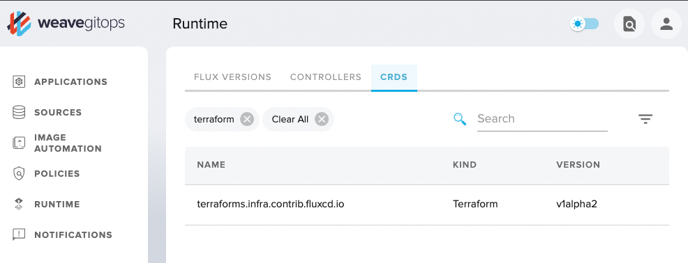 Runtime view showing Terraform CRDs