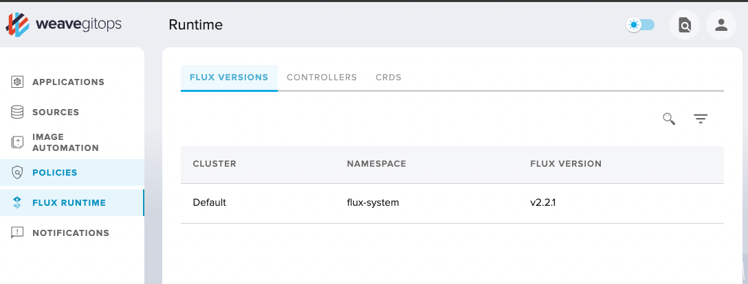 Flux Runtime view showing the various GitOps Toolkit controllers