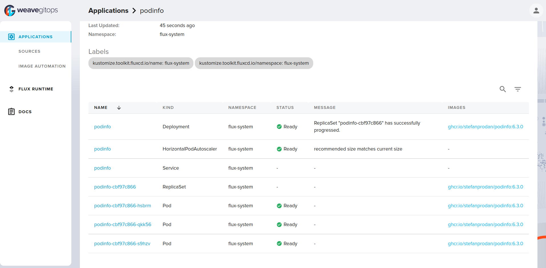 Applications details view for podinfo showing 3 pods