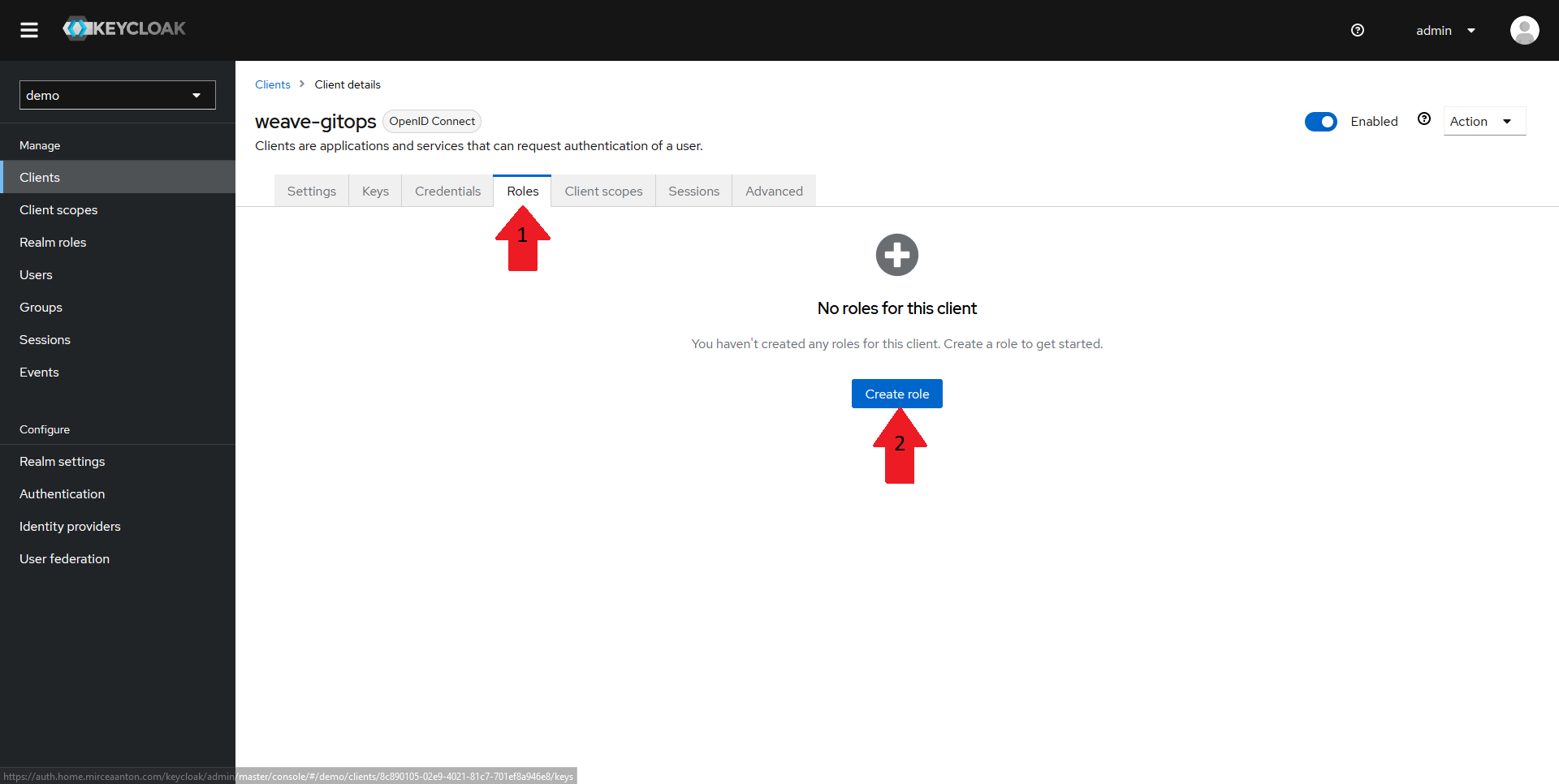 Keycloak create client role step 1