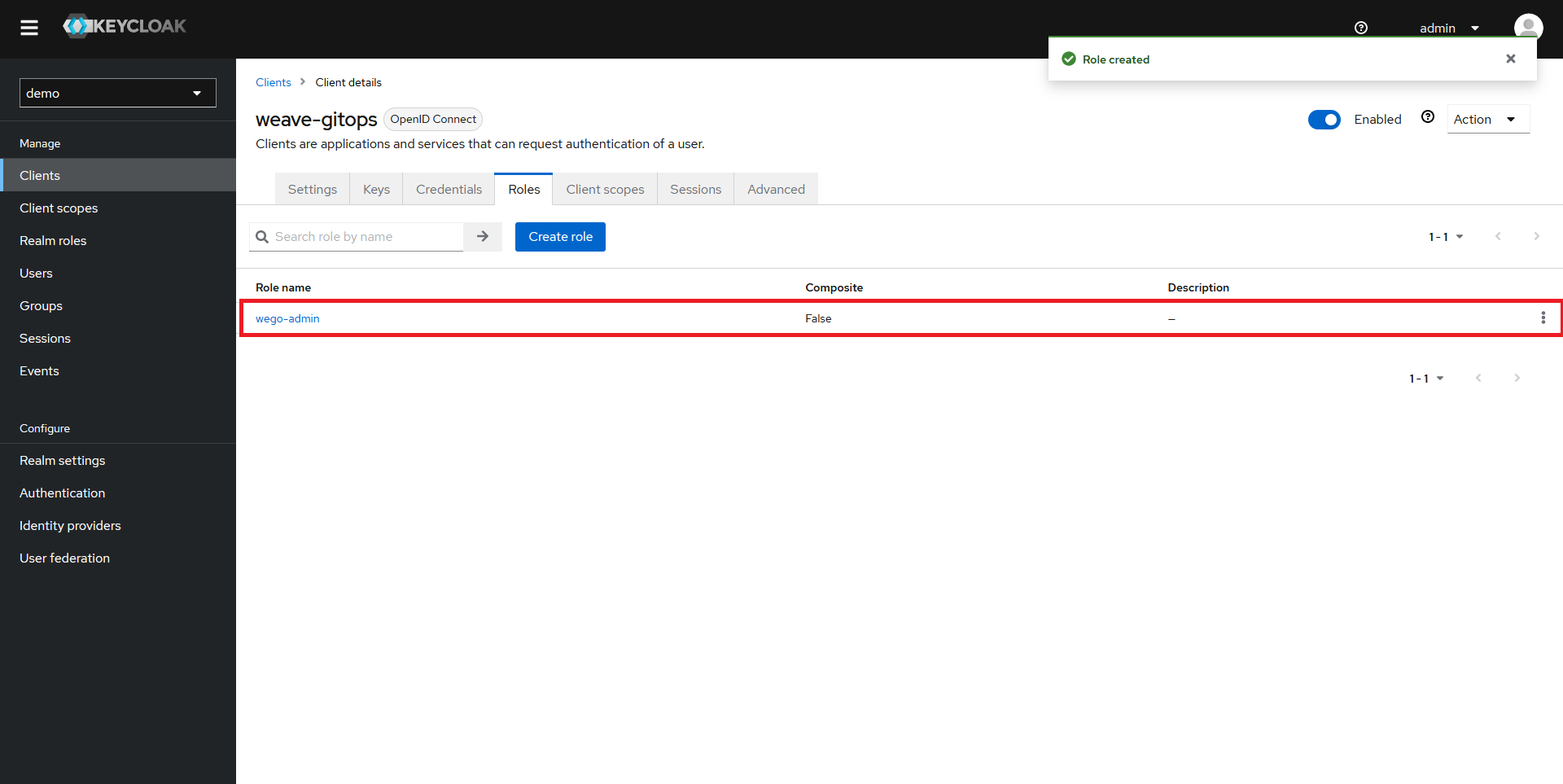 Keycloak create client role step 3